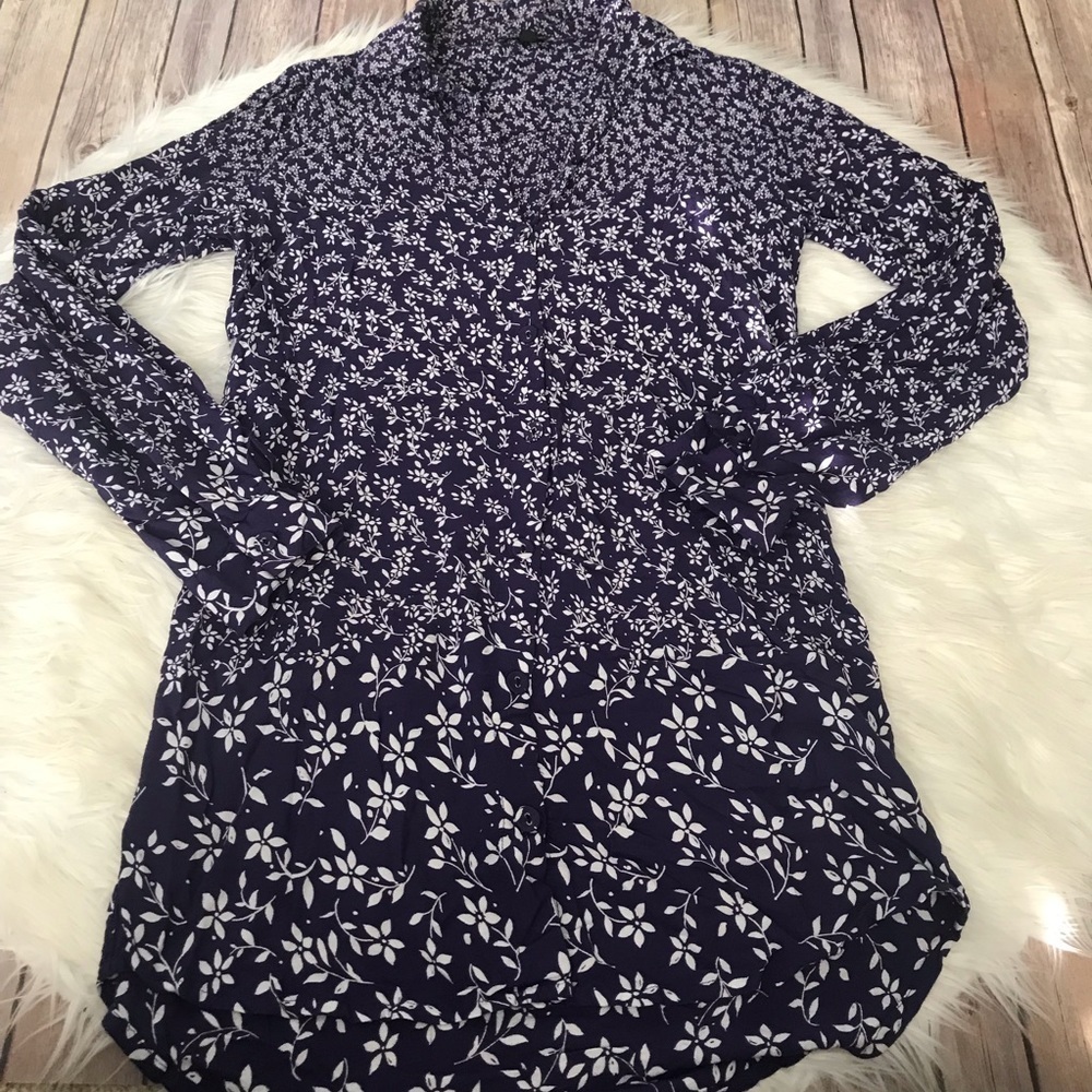 Topshop Navy and White Floral Long Sleeve Dress